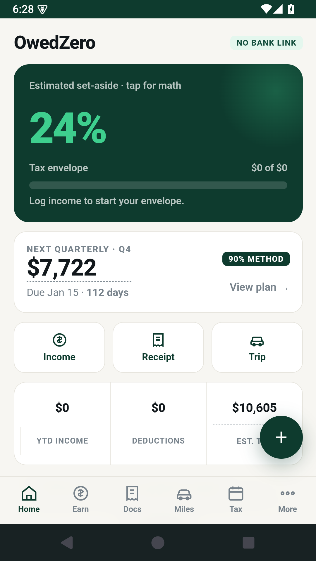 OwedZero home screen with a synthetic freelancer planning example