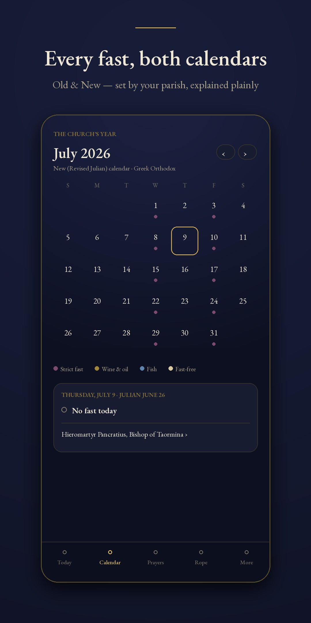 Prosfora fasting calendar for a month, marking each day’s fast on the Old and New calendars